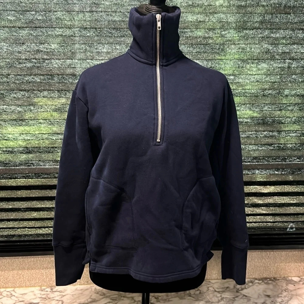 Free Assembly Women Navy Quarter Zip Long Sleeve Pullover Sweatshirt Pockets XS‎
